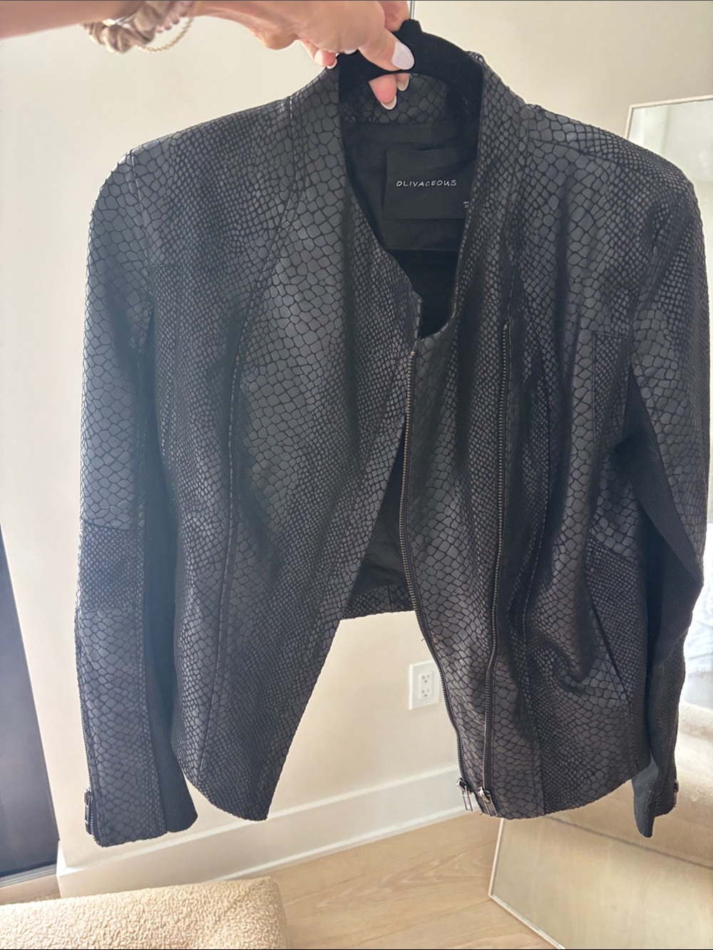 Olivaceous Black Textured Snake-Print Moto Jacket